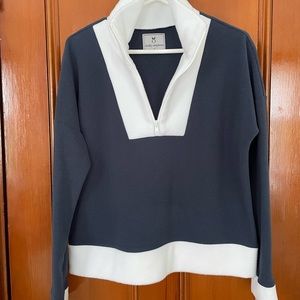Dudley Stephens vello and Terry fleece half-zip pullover navy and white trim.